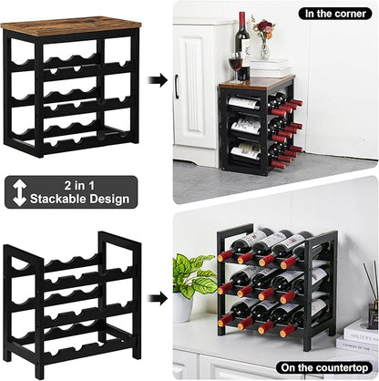 VASMIA Wine Rack Freestanding Floor, 6 Tier Bamboo Wine Storage Shelves with Table Top, 24-Botttle Wine Rack Shelf for Kitchen Bar Dining Room Living Room, Rustic Brown and Black