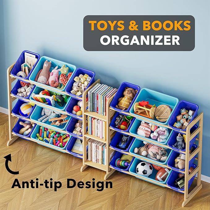 SpaceAid Large Toy Storage Organizer with 24 Bins and 3 Shelves, Toy Organizers Storage Bookshelf, Kids Bin Shelf Box Bookcase for Bedroom Playroom Organization Room Decor, Blue and Navy Blue