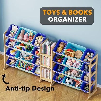 SpaceAid Large Toy Storage Organizer with 24 Bins and 3 Shelves, Toy Organizers Storage Bookshelf, Kids Bin Shelf Box Bookcase for Bedroom Playroom Organization Room Decor, Blue and Navy Blue