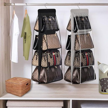 Lirex 2-Pack Handbag Hanging Purse Organizer for Closet, 8 Pocket Handbag Storage Organizer Hanger Oxford Cloth Closet Organizer for Family Closet Bedroom, Foldable and Universal Fit, Dark Grey
