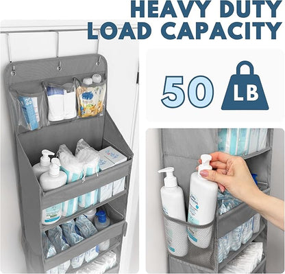 Over The Door Organizer Hanging with 5 Large & 6 Side Pockets 5 Tier Behind Door Storage 50 lbs for Closet, Nursery, Bathroom Door Organizer, 1 Pack, Grey
