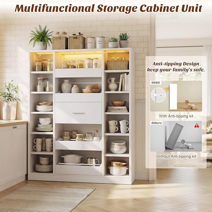 40" Closet System with LED Lights, Wooden Closet Organizer System with 5 Drawers & 12 Shelves, Versatile Closet Storage Tower for Walk-in Closets, Shoe Rack and Handbag Storage Cabinet, White
