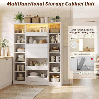 40" Closet System with LED Lights, Wooden Closet Organizer System with 5 Drawers & 12 Shelves, Versatile Closet Storage Tower for Walk-in Closets, Shoe Rack and Handbag Storage Cabinet, White