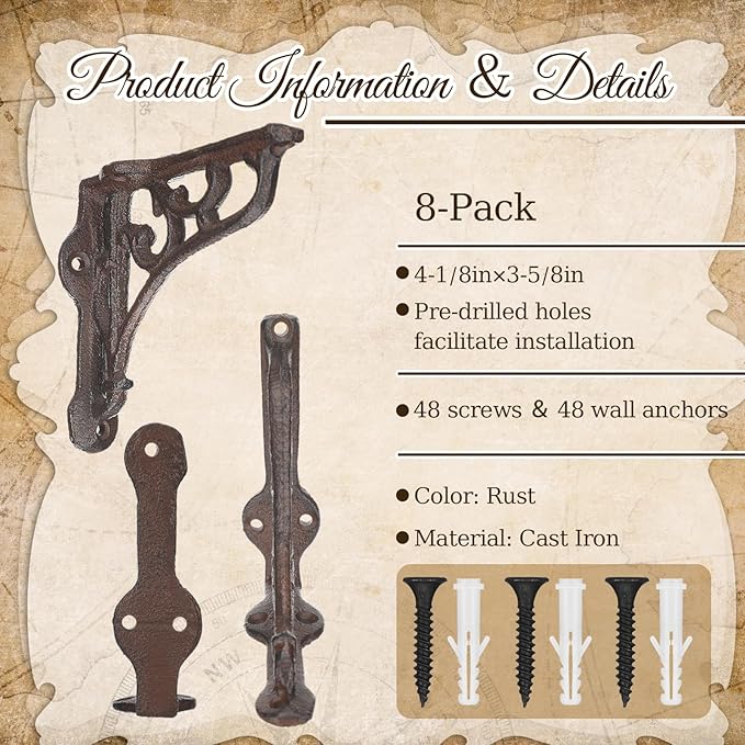 8 Pack 4-1/8 x 3-5/8 Rusty Antique Shelf Brackets Decorative L Cast Iron Shelf Bracket Brace Heavy Duty Wall Mounted Floating Rustic Vintage Baroque for Farmhouse DIY