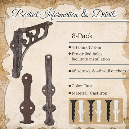 8 Pack 4-1/8 x 3-5/8 Rusty Antique Shelf Brackets Decorative L Cast Iron Shelf Bracket Brace Heavy Duty Wall Mounted Floating Rustic Vintage Baroque for Farmhouse DIY