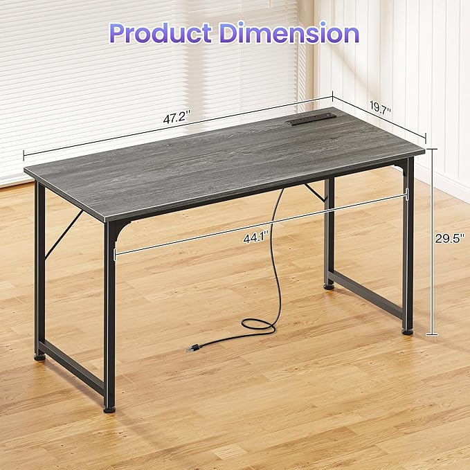 PRAISUN 47 X 20 Inch Office Computer Desk with Power Outlets and USB-C Port, Larger Gaming Desk, for Home Office, Study, Bedroom, Writing Work from Home Table, Metal Frame, Grey