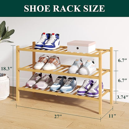 Smiry Bamboo Shoe Rack for Closet, 3 Tier Wooden Stackable Shoe Organizer, Free Standing Shoes Storage Shelf for Entryway, Front Door Entrance, Natural & White