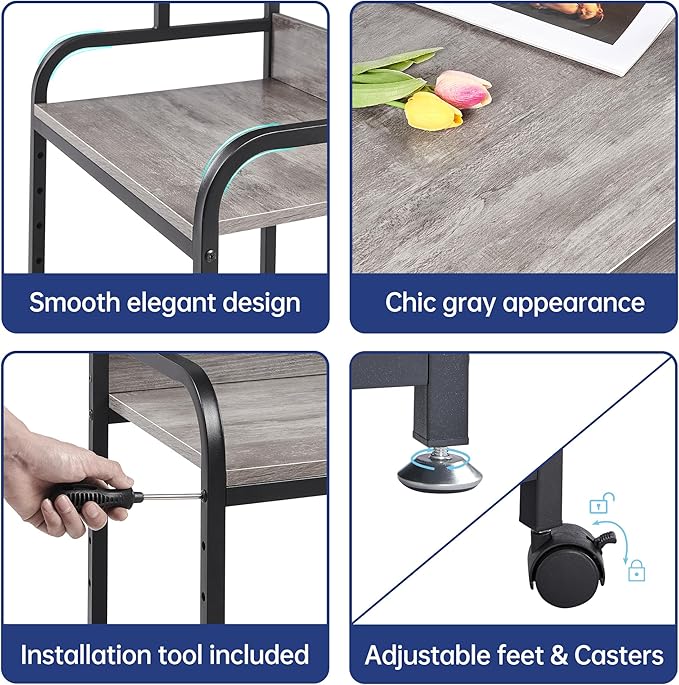 Printer Stand with Height Adjustable Storage Shelf, 3 Tier Mobile Printer Table with Wheels, Rolling Printer Cart for Home Office Organization, Gray