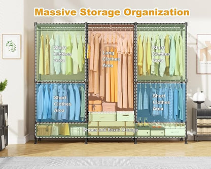 E14C Pro Heavy Duty Closet Organizer System，Freestanding Clothing Racks for Hanging Clothes，Adjustable Garment Rack 70.1"W × 16.6"D × 76.4"H Hold 960 lbs，Black Rack with Black Dustproof Cover