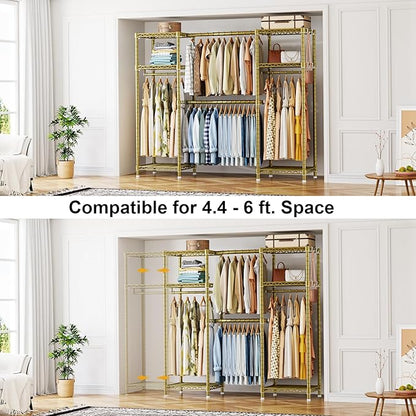 Ulif E7 Garment Rack, Heavy Duty Clothes Storage System with Extendable Hangers Rods, Metal Clothing Rack with 6 Wire Shelves, (52.3"-72") W x 14.5" D x 71.2" H, Load 838lbs, Gold