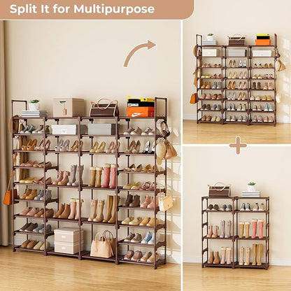 ROJASOP Large Shoe Rack Organizer for Entryway Closet 64-68 Pairs 9-Tier Heavy Duty Tall Garage Shoe Rack Shoe Shelf Shoes Storage with 18 Pcs Removable Side Hooks for Bedroom and Garage Brown