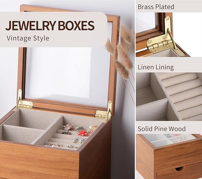 Jewelry Box with Glass Lid, 2 Layer Jewelry Organizer for Women, Solid Wooden Jewelry Box Display for Ring Earrings Necklace Bracelet, Pine Wood Jewelry Boxes Vintage Style for Gifts