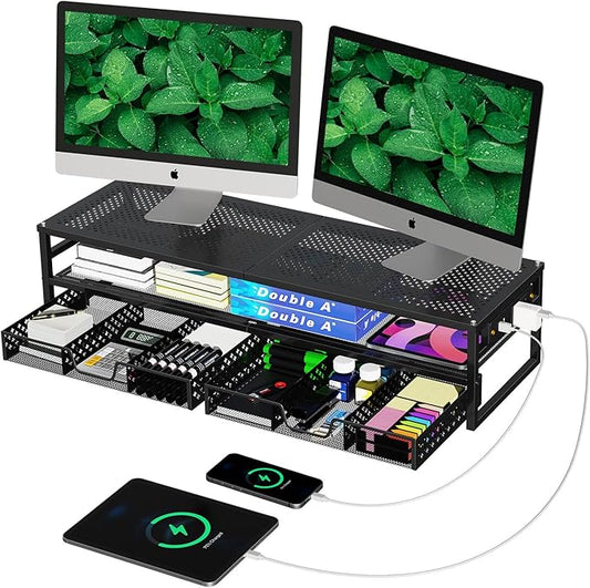 Simple Trending 2 Tier Metal Monitor Stand Riser with USB 2.0 and Charging Prot , Computer Office Desktop Organizer for 2 Monitors With Two Drawer Storage and Reusable Cable Ties,for Printer, TV, Black