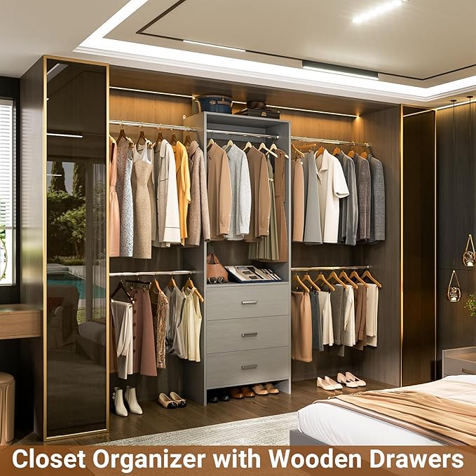 Aheaplus Closet System, Closet Organizer with 3 Wooden Drawers, Closet Organizer System, Walk-in Closet Wardrobe Clothes Rack with 4 Hanging Rods, Garment Rack, -4R, Grey