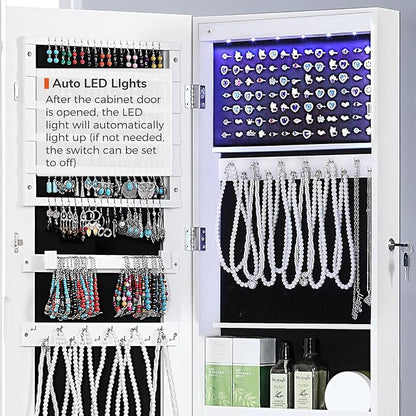 GISSAR Full Length Mirror Jewelry Cabinet, 6 LEDs Jewelry Armoire Wall Mounted Over The Door Hanging, Jewelry Organizer Storage with Lights Lockable, Bright White, 14.6" x 47.2"