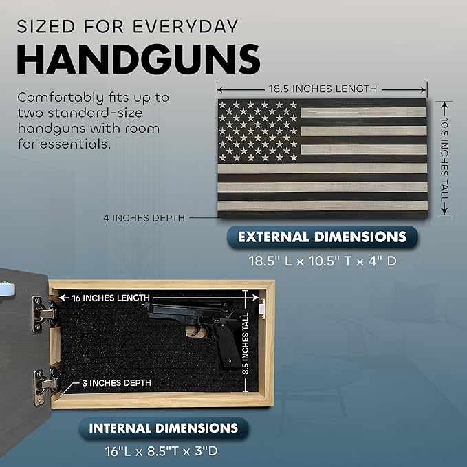 American Flag Hidden Gun Safe - Quick Access Hidden Gun Shelf - Concealment Shelf with Magnetic Lock - Wall Gun Safe for Secure Firearm Storage - Handcrafted In USA by Bellewood Designs (Gray & White)