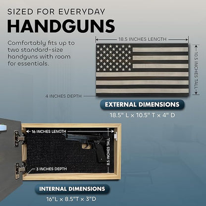 American Flag Hidden Gun Safe - Quick Access Hidden Gun Shelf - Concealment Shelf with Magnetic Lock - Wall Gun Safe for Secure Firearm Storage - Handcrafted In USA by Bellewood Designs (Gray & White)