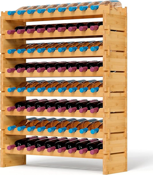 NutriChef Bamboo Wine Rack Freestanding Floor, 8-Tier Wooden Wine Storage Shelf Holds 72 Bottles, Stackable Wine Stand and Wine Holder for Bar, Kitchen, Cabinet, or Cellar Display