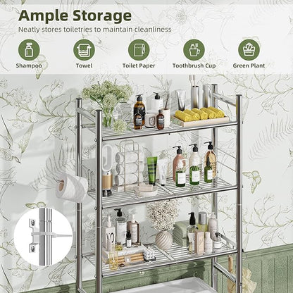 Simple Trending 3 Tier Over The Toilet Rack, Bathroom Shelves with 4 Hooks and Paper Holder, Bathroom Stand Organizer Space Saver, Chrome