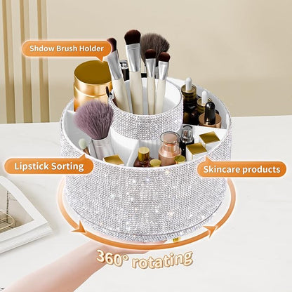 Bling Diamond Makeup Brush Holder, 360° Rotating Makeup Organizer, 5 Slot Make up Brushes Cup for Countertop, Storage for Cosmetics Pen Eyeliner Skincare on the Vanity (Diamond white)