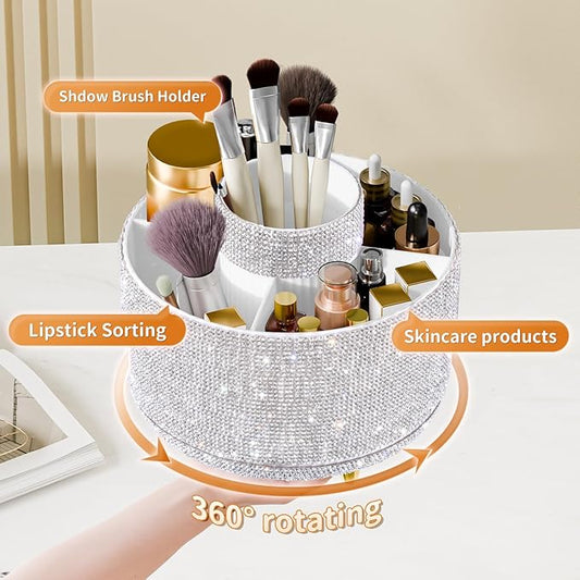 Bling Diamond Makeup Brush Holder, 360° Rotating Makeup Organizer, 5 Slot Make up Brushes Cup for Countertop, Storage for Cosmetics Pen Eyeliner Skincare on the Vanity (Diamond white)