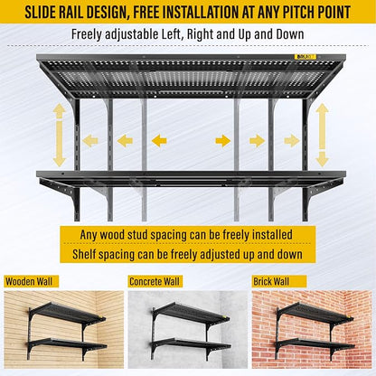 2 Tier 1.3x3ft Garage Shelving Wall Mounted, 15.6x36inch per Shelf Height Cassette Adjustable Floating Shelves(Black)