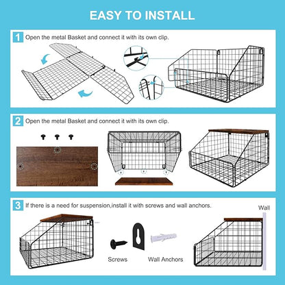 Laundry Room Shelves Wall Mounted with Storage Basket - Farmhouse Stackable Wire Wall Shelves Organizer for Towels, Detergent, Tissues | Space-Saving Over Washer & Dryer(11.8" Wx12 Dx8.5 H)