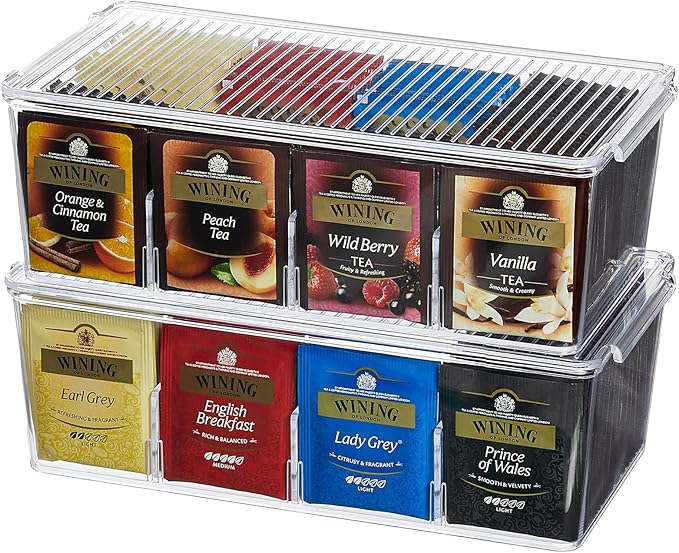 Lifewit Tea Bag Organizer with lids, Plastic Teabag Box with 16 Compartments, Stackable Divided Storage Containers for Cabinet, Pantry, Countertop, Hold Coffee Pods, Sugar Packets, Clear, 2 Pack