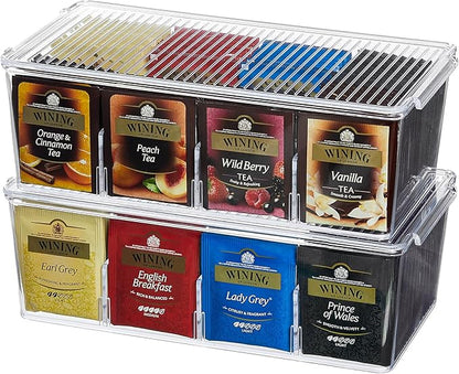 Lifewit Tea Bag Organizer with lids, Plastic Teabag Box with 16 Compartments, Stackable Divided Storage Containers for Cabinet, Pantry, Countertop, Hold Coffee Pods, Sugar Packets, Clear, 2 Pack