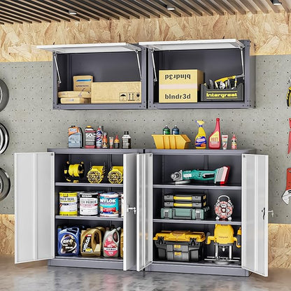 Bonusall Metal Garage Storage Cabinet, 36" H Locking Cabinets with 2 Adjustable Shelves, 2 Door Small Pantry Storage for Home Office, Kitchen, Bathroom (White Grey)