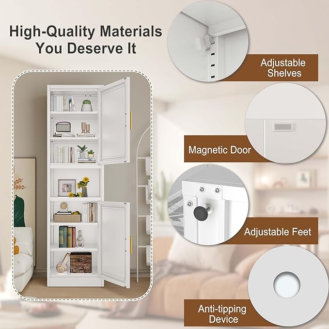 67" Tall Narrow Storage Cabinet Metal Bathroom Cabinet with 2 Doors & 4 Adjustable Shelves, Standing Pantry Cabinets Cupboard for Kitchen, Dining Room, Living Room and Bathroom (White)