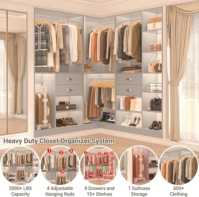 Armocity Freestanding Closet System with 3 Sets, 110'' Reversible Stand-alone Wardrobe, 80'' Height Cloth Garment Organizer, Walk-in Closet with Hanging Rod, 71"L x 71"W x 80"H, Load 2500 LBS, Grey