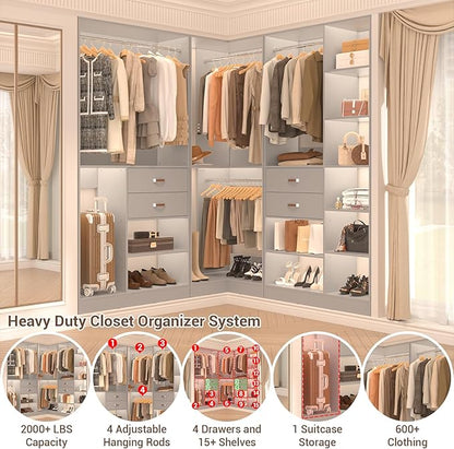 Armocity Freestanding Closet System with 3 Sets, 110'' Reversible Stand-alone Wardrobe, 80'' Height Cloth Garment Organizer, Walk-in Closet with Hanging Rod, 71"L x 71"W x 80"H, Load 2500 LBS, Grey