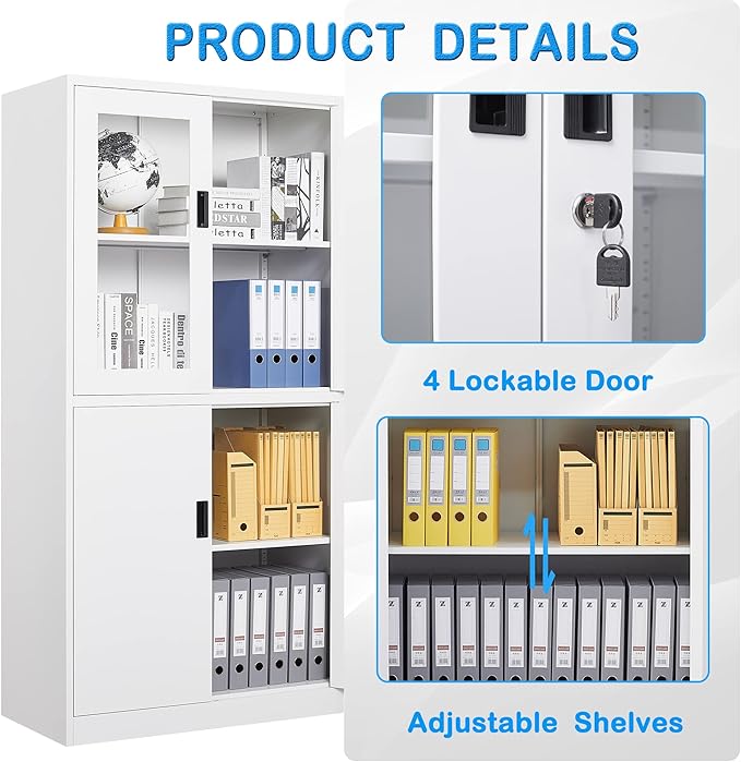 Letaya Storage Cabinet with Doors and Shelves,71" Steel Locker Acrylic Glass Door with Lock, for School Home Office