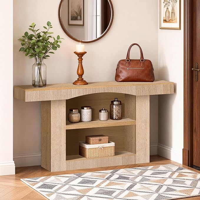 63 Inch Entryway Table Three-Shelf Cabinet, Wooden Console Table with Socket Farmhouse Sofa Table for Entrance, Hallway, Living Room,Behind Couch(Oak Brown)