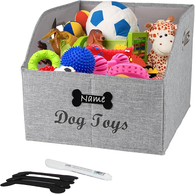 Geyecete Big Dog Toys Storage Bins Canvas Foldable Fabric Trapezoid with metal handles pet Baskets,Can be Personalized,Storage Bin Large toy box Organizer-Snow Gray