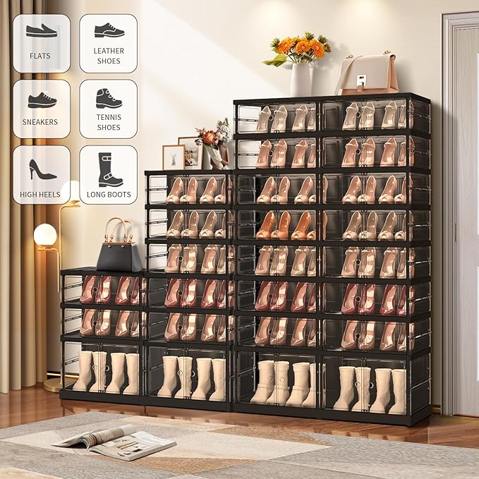 6-Tier Collapsible Shoe Storage Rack - Large Plastic Shoe Organizer with Doors, Quick Assembly, Black