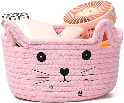 Zopeal Cat Basket Storage Woven Organizer with Ears Easter Decorative Gift Pet Toy Cute Cotton Rope Basket for Gift Cat Dog Toy Bin Nursery Room(8.3 x 4.7 Inch,Pink)