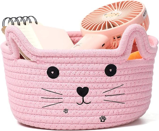 Zopeal Cat Basket Storage Woven Organizer with Ears Easter Decorative Gift Pet Toy Cute Cotton Rope Basket for Gift Cat Dog Toy Bin Nursery Room(8.3 x 4.7 Inch,Pink)