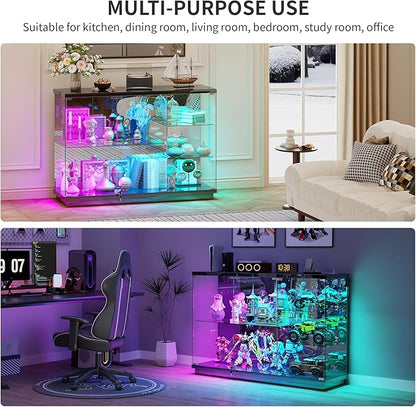 HNEBC 47.2" W Display Cabinet - with Lockable Glass Door,5-Tier Glass Display Case with 12 Lights Modes for Collectibles,Lighted Cuiro Cabinet with Human Sensor,China Cabinet,Living Room,Black