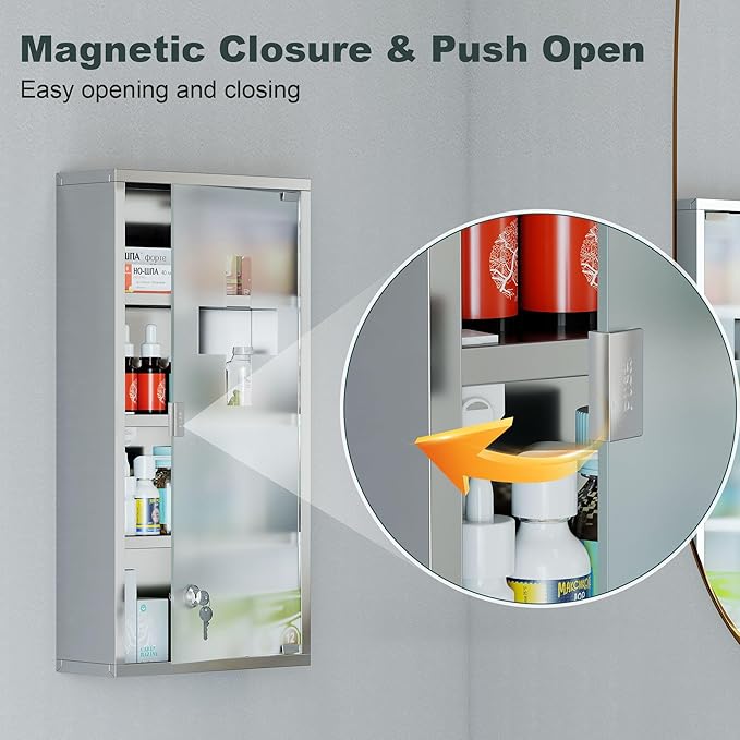 HOMCOM Wall Mounted Medicine Cabinet, Locking Wall Cabinet with 4 Tier Shelves, Stainless Steel Frame and Glass Door, Lockable with 2 Keys, Silver, 12" x 24"