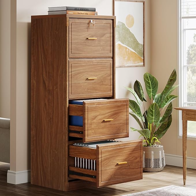 Tribesigns 4-Drawer File Cabinet with Lock, Locked File Cabinet with Key, Tall Wooden Filing Cabinets for Home Office, Vertical Office Storage for Legal Size/Letter/A4/Files, Brown