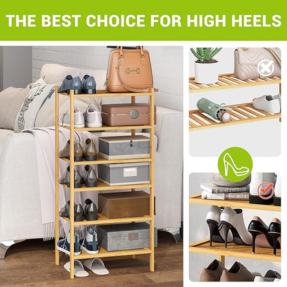 BMOSU 6-Tier Bamboo Small Shoe Rack Premium Stackable Shoe Shelf Storage Organizer for Hallway Closet Living Room Entryway Organizer(Natural)