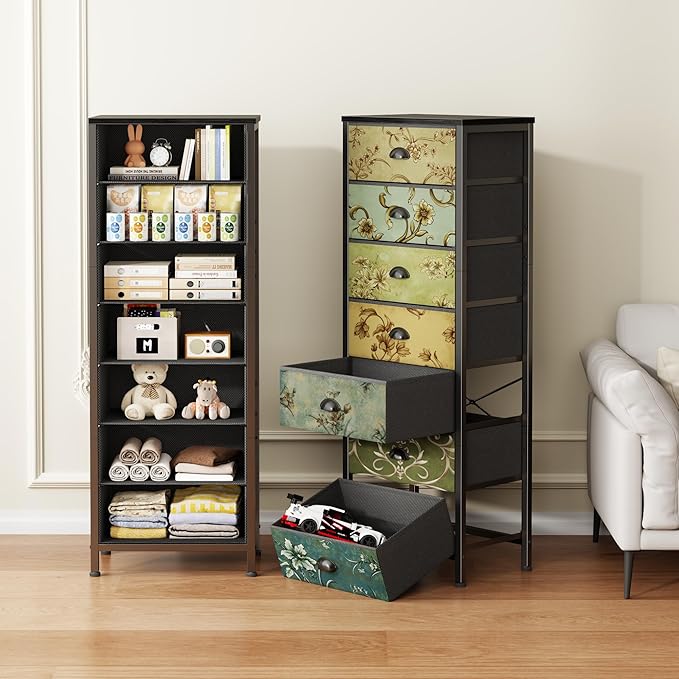 Furnulem Tall Dresser for Bedroom with 7 Fabric Drawers, Vintage Dressers & Chest of Drawers, Vertical Storage Tower Organizer Unit Retro Bedside Furniture in Closet,Living Room,Nusery,Dorm,Entryway