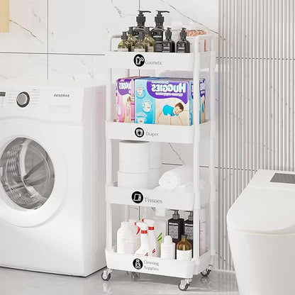 Laiensia 4-Tier Storage Carts,Multifunction Utility Rolling Cart Kitchen Storage Organizer,Mobile Shelving Unit Cart with Lockable Wheels for Bathroom,Laundry,Living Room,With Classified Sticker,White