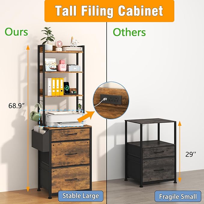 GYIIYUO 3 Drawer Tall 69''H File Cabinet with Charging Station, 4-Tier Filing Cabinet with Adjustable Shelf, Fabric Drawer, Printer Stand for Home Office, Fits A4/Letter/Legal, Rustic Brown