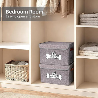 Fabric Dog Toy Box with Lid, Collapsible Storage Bin, Basket Organizer with Handle for Dog Toys, Blankets and Accessories, Grey