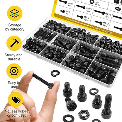 174PCS M6 Screws with Nuts Assortment Kit - M6x8/10/12/16/20/25/30/35 mm Hex Socket Head Cap Bolts with Nuts & Washers Assorted Set - 12.9 Alloy Steel Black Zinc Plated Anti-Rust Hardware Set