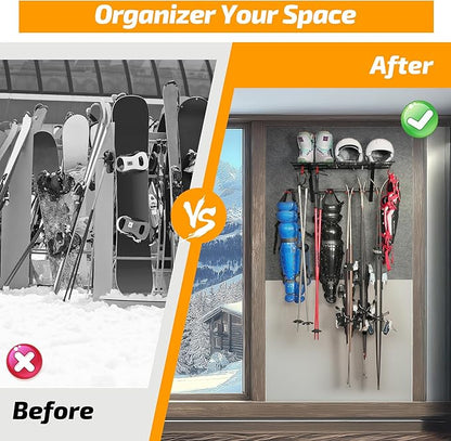 PLKOW Wall-Mounted Ski Rack, Skis Storage Rack for Garage Shed with Top Storage Shelf, Customizable Spacing, Supports Up to 280 lbs, Steel, 1-Pack