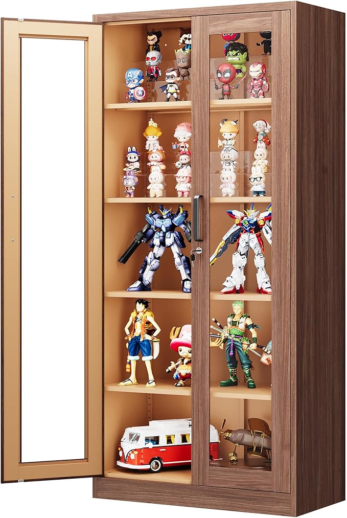 Display Cabinet with Glass Doors, 71 Inches Metal Display Case with 4 Adjustable Shelves, Curio Storage Cabinet with Lock for Home, Office, Book, Pantry, Assemble Required (Wood Color)